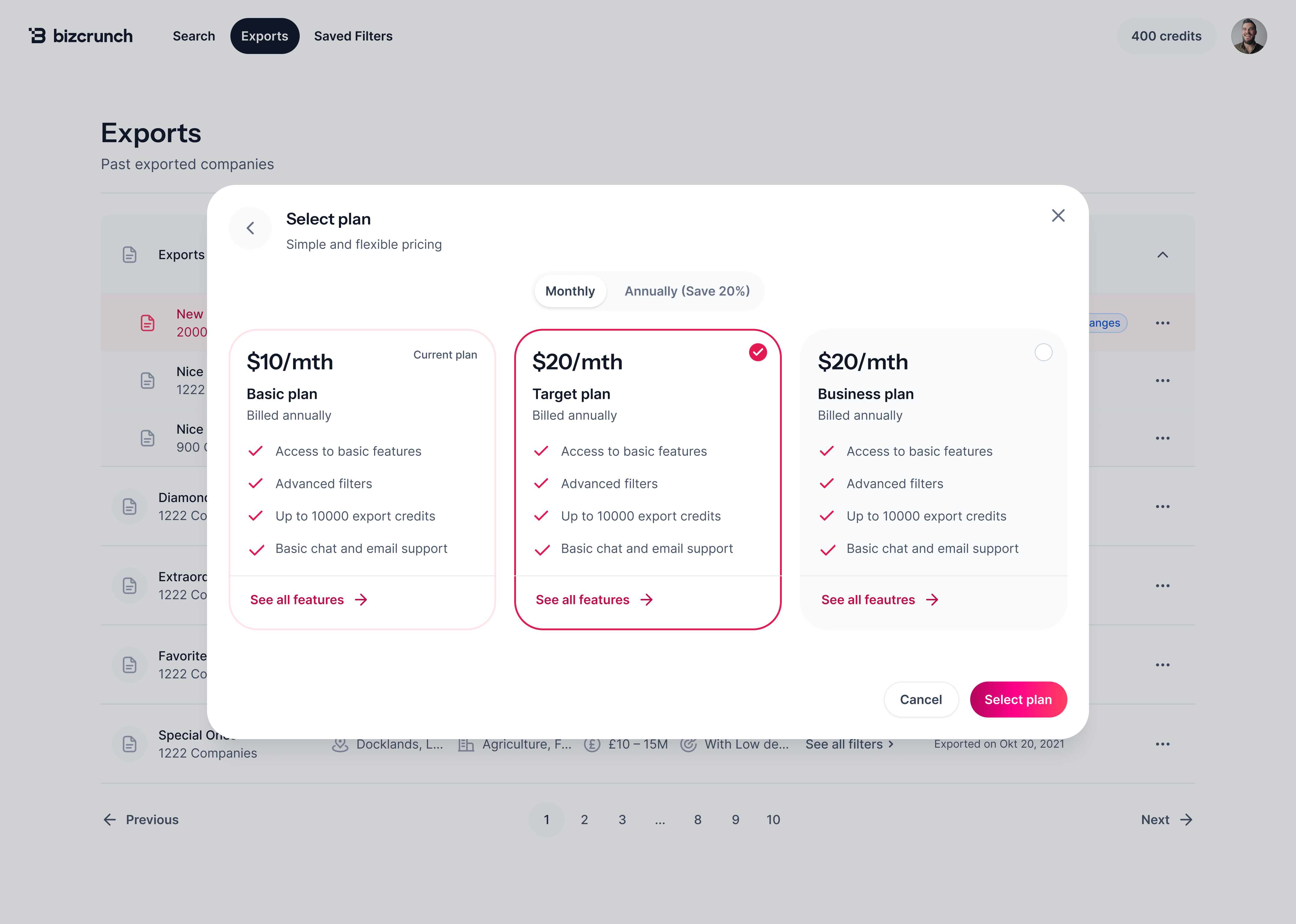 BizCrunch subscription plan selection